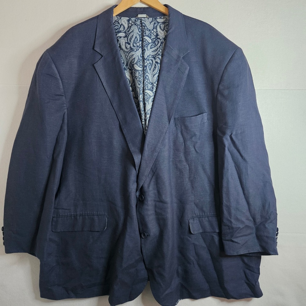 Oak Hill Navy Blue Linen Blend 2 Button Blazer Paisley Lining Big Tall 4XLT 60L